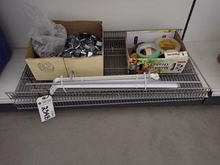 Qty of Wire Shelving with Support Brackets, 16in x 53in., Box of Metal Strapping Clips and Assorted Tape.