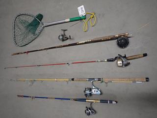 Assorted Fishing Rods and Net.