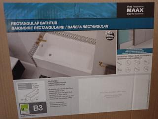 Maxx Model: 106394-L-000-001 Bosca 6030 STF Rectangular White Bathtub, 59-3/4in x 30in x 18-3/8in, Damaged.