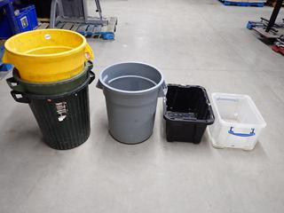 Assorted Garbage Bins and Gloves.