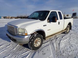 2003 Ford F-250 XLT Extended Cab 4X4 Pickup c/w 6.0L V8 Power Stroke, Diesel, A/T, A/C, GVWR 8,800 Lb, LT265/75R16 Tires, 5,200 Lb Front Axle, 6,084 Rear Axle, Side Rails, Plywood Box Liner, Showing 425,573 Kms, VIN 1FTNX21P53ED72112 *Note: Minor Rust Throughout Body* **Recent Work Includes Tires (May 2022 at 424,317 Kms), Battery and Alternator (July 2020 at 422,872 Kms), Serviced Every 5,000 Kms,  As Per Consignor**