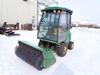 John Deere 1565 Front Mount Carrier, C/w 60 In. Sweeper, SN 1110BM-261, 3 Cyl. Diesel, Cab, 4x4, Rear Counterweights, Showing 3864 Hrs. 