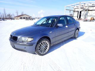 2002 BMW 325xi Sedan c/w 2.5L L-6 24V, Manual, 225/45R17 Tires, Showing 188,115 Kms, VIN WBAEU33412PF56306 *Note: Rebuilt Status, Boost To Start, Engine Light On, ABS Light On, Battery In Trunk, Radio Removed, Shifter Knob Missing, Passenger Door Panel Missing Parts, Driver Side Mirror Missing, Rust, Cracked Windshield* 