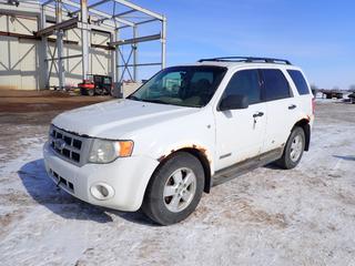 2008 Ford Escape XLT SUV c/w 3.0L V6, 235/70R16 Tires, Roof Rack, Showing 237,337 Kms, VIN 1FMCU93138KE08157 *Note: No Battery, Starts With Boost, Rear Hatch Does Not Close, Rust*