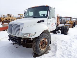 2002 International 4300 S/A Cab and Chassis c/w 11.00R20 Front Tires, 295/75R22.5 Rear, VIN 1HTMNAAM62H547257 *Note: No Motor or Transmission* **Located Offsite at 21220-107 Avenue NW, Edmonton, For More Information Contact Richard at 780-222-8309**
