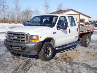 2001 Ford F-350 SD XL Crew Cab 4X4 Flat Deck Truck c/w 5.4L V8 Triton, A/T, Headache Rack, GVWR 11,000 KG, LT265/75R16 Front Tires, LT285/75R16 Rear Tires, 8 1/2 Ft. x 80 In. Deck, Showing 183,164 Kms, VIN 1FTSW31L71EB20061 *Note: Windshield Cracked, Rust*