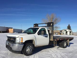 2014 Chevrolet Silverado 3500HD Deck Truck c/w 6.0L Vortec V8, Auto, A/C, Cruise, Tow Package, 265/70R17 Tires, Showing 253,388 Kms, VIN 1GB3CZCGXEF125629. *Front End Damage, Driver Door Hits Plastic Panel When Opening, (3) Toggle Switches Installed, Constantly Beeps/Rings After Being Idle for More Than 60 Seconds, Front Hood Damaged But Still Opens*.