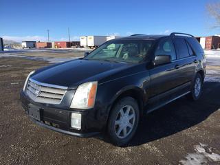 2005 Cadillac SRX 4x4 SUV c/w 3.6L V6, Auto, A/C, Moon Roof, Showing 282,259 KMs, VIN 1GYEE637250142502  *Starts With Boost, Battery In Back, Damaged Driver & Passenger Rear, Hood Won't Stay Open*
