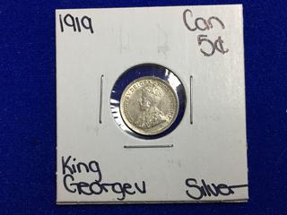 1919 Canada Five Cent Silver Coin.