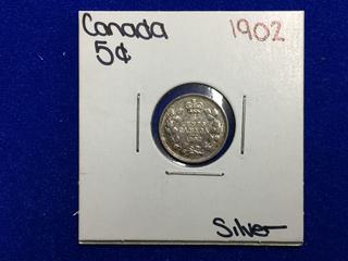 1902 Canada Five Cent Silver Coin.