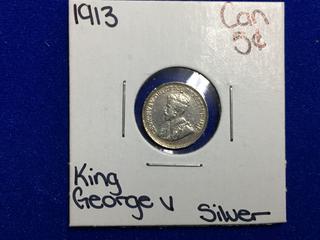 1913 Canada Five Cent Silver Coin.