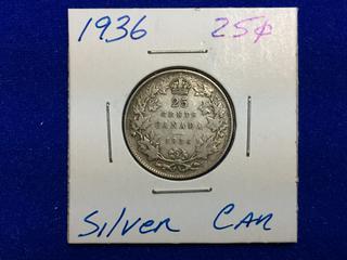 1936 Canada Twenty Five Cent Silver Coin.