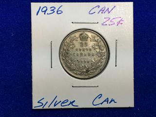 1936 Canada Twenty Five Cent Silver Coin.