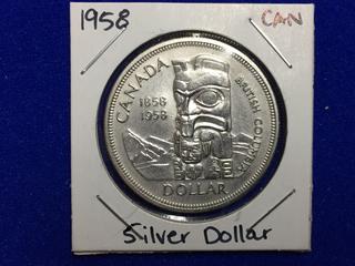 1958 Canada One Dollar Silver Coin.