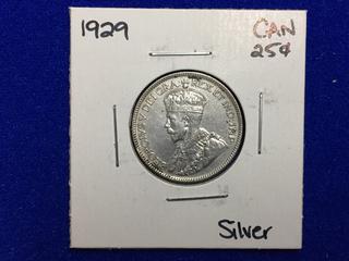 1929 Canada Twenty Five Cent Silver Coin.