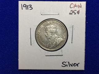 1913 Canada Twenty Five Cent Silver Coin.