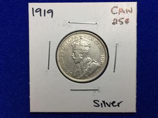 1919 Canada Twenty Five Cent Silver Coin.