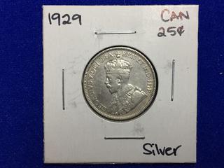 1929 Canada Twenty Five Cent Silver Coin.