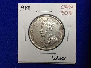 1919 Canada Fifty Cent Silver Coin.