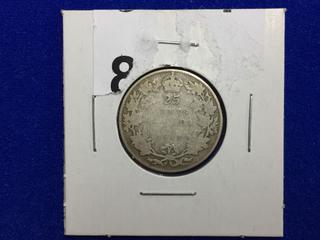 1913 Canada Twenty Five Cent Silver Coin.