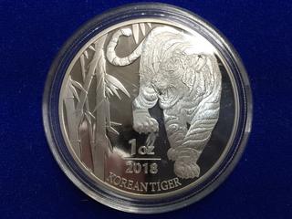 2018 One Ounce .999 Fine Silver Coin, "Korean Tiger".