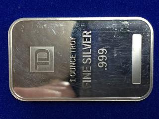 One Ounce .999 Silver One Dollar Bar.