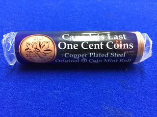 Canada's Last One Cent Coins, Copper Plated Steel Original 50 Coin Mint Roll.