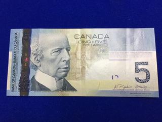 Bank Of Canada Five Dollar Bank Note. S/N A0K4320815.
