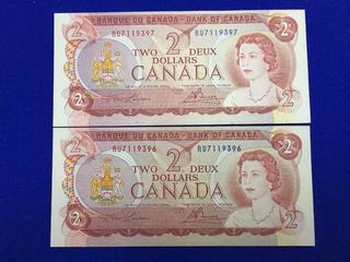 Sequential Bank of Canada Two Dollar Bank Notes, S/N RU7119396, RU7119397.