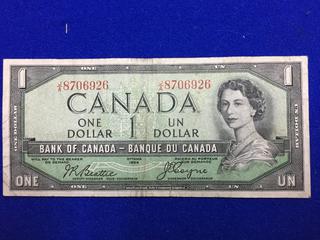 Bank Of Canada One Dollar Bank Note. S/N J/A8706926. "Devil Face" Imprinted On Hair.