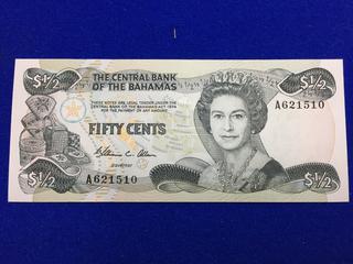 Bank Of The Bahamas Fifty Cent Bank Note. S/N A621510.