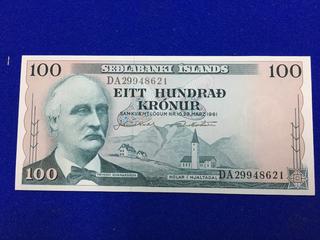 Sedlabanki Islands Iceland One Hundred Kronur. S/N D/A29948621.