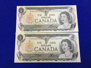 Sequential Bank of Canada One Dollar Bank Notes, S/N ECK2282063, ECK2282064.
