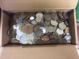 Box of Assorted Coins & Tokens.