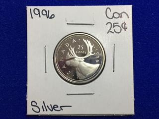 1996 Canada Silver Proof Twenty Five Cent Coin.