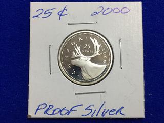 2000 Canada Silver Proof Twenty Five Cent Coin.