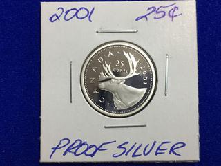 2001 Canada Silver Proof Twenty Five Cent Coin.