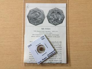 1915 United States Gold Plated Fifty Dollar Octagonal Miniature.
