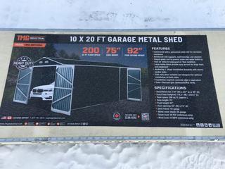 Unused TMG Industrial 10ft. x 20ft. Metal Garage Shed with Double Front Doors, 7ft-8in. Peak Height, Side Entry Door, 185 Sq-Ft Floor Space, TMG-MS1020A. Control # 7108.