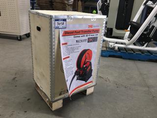 Unused TMG Industrial Portable Diesel Transfer Pump c/w 49ft. Hose Reel, Auto Shut Off, DC 12-Volt, 15 GPM, TMG-DFP10. Control # 7098.