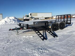 Unused 2022 PJ Trailer, 16 Ft. x 83 In. Tandem Axle Channel Utility GVWR 7,000 Lbs., VIN 3CV1U2025N2645163,  83 In. Tandem Axle Channel Utility, Bumper Pull 2 In. Demco E-Z Latch Coupler, (2) 3,500 Lbs. Dexter Idler/Spring Axle, 2 Ft. Dovetail with 3 Ft. Fold In Gate, Primer Plus Black Powder Coat, Side Mount ATV Ramps, Mount for Spare Tire