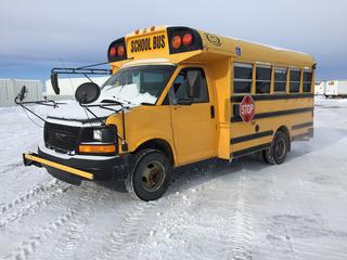 2004 GMC Cutaway School Bus c/w Gas, (3) Rows of Passenger Seats (Six Seats Total). Passenger Seats Are Equipped With (2) Lap Belts Per Seat, Functional Wheelchair Lift, Back Side Door Lift & Space For (2) Wheelchairs Secured In Bus, VIN 1GDJG31U541210883 *Chipped Windshield, Right Side Near Bottom of Door Damaged.*