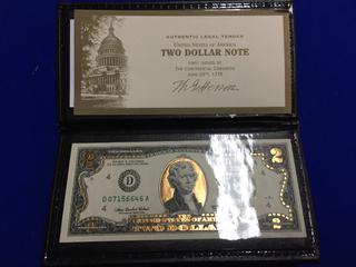 2003 United States Of America Two Dollar 24K Gold Leaf Bank Note. S/N D07156646A.