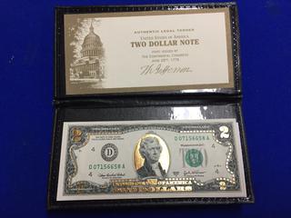 2003 United States Of America Two Dollar 24K Gold Leaf Bank Note. S/N D07156658A.