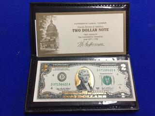 2003 United States Of America Two Dollar 24K Gold Leaf Bank Note. S/N D07156622A.