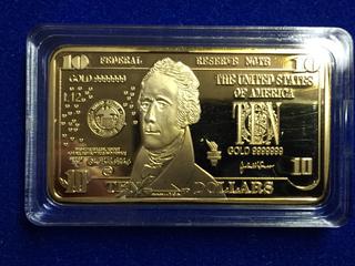 United States Gold Plated Ten Dollar Bar.