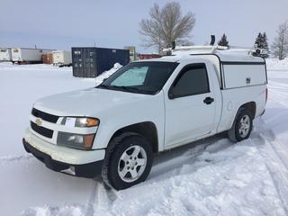 2012 Chev Colorado Pickup c/w Vortec 5 Cyl, Auto, A/C, Service Topper, (2) Side Compartments, Roof Rack, 215 70R16 Tires, Showing 299,651 Kms, VIN 1GCCSDFE7C8125648 *Grill Damaged, Front Bumper Damaged, Rear Bumper Damaged, Missing Driver Mirror, Interior Driver Door Handle Damaged, Missing Passenger Fog Light, Passenger Side Damaged Behind Door*