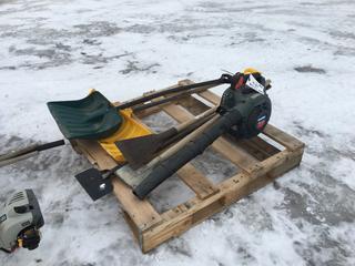 Shindaiwa EB3410 Gas Blower, (2) Snow Shovels and (3) Scrapers.