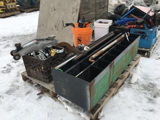 Metal Bolt Bin 11in x 15in x 48in, Folding Sawhorses, Hydraulic Floor Jack 3000lbs, Tire Irons, Ratchet Wrench and SS BC Brakes.