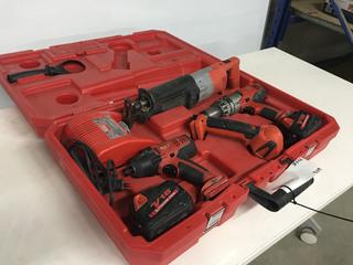 Milwaukee Tool Kit, c/w Sawzall, Impact Driver, Flashlight, 1/2in Hammer Drill, (2) V-18 Lithium Ion Batteries and Charger.